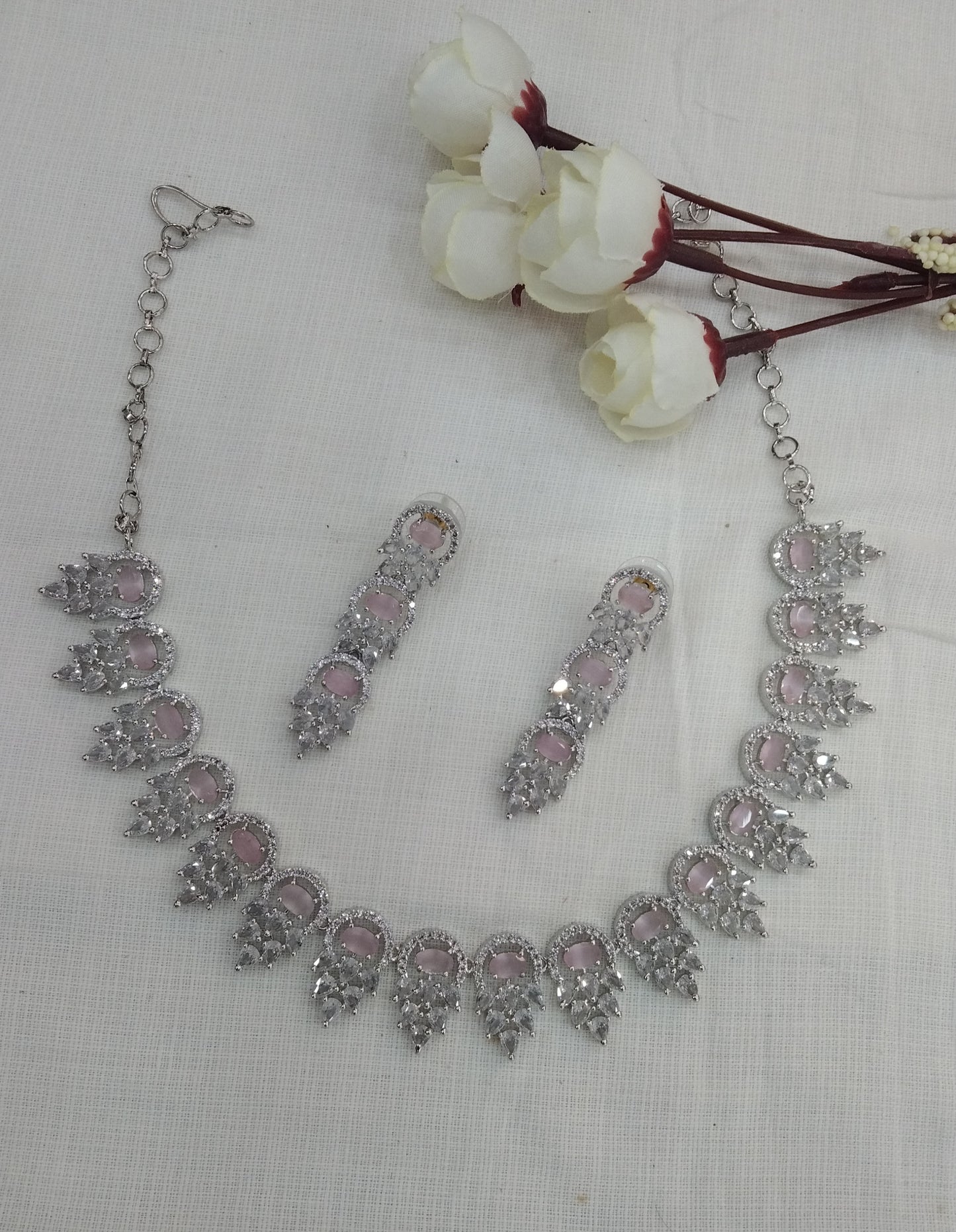 Silver American Diamond Pink Cz Necklace Jewellery kato Set