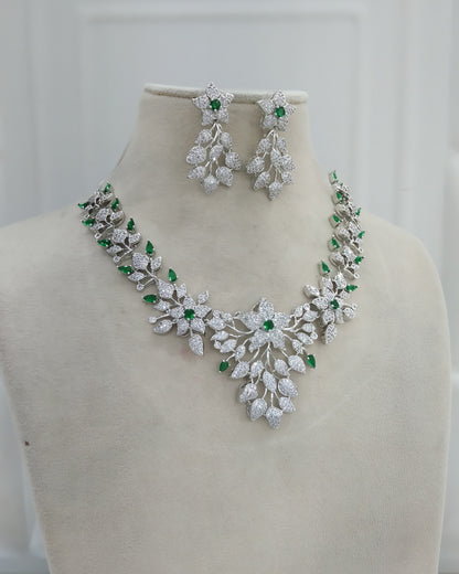 Green Silver American Diamond  Cz Necklace Jewellery Titu Set