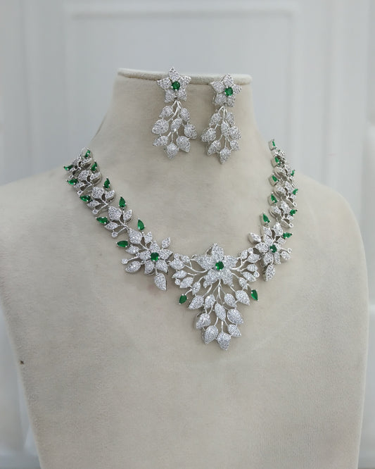 Green Silver American Diamond  Cz Necklace Jewellery Titu Set