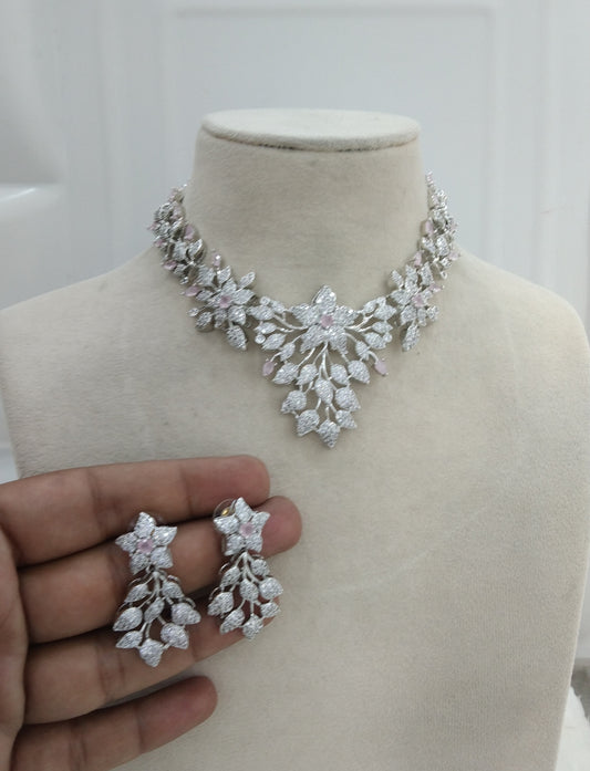 Pink Silver American Diamond  Cz Necklace Jewellery Titu Set