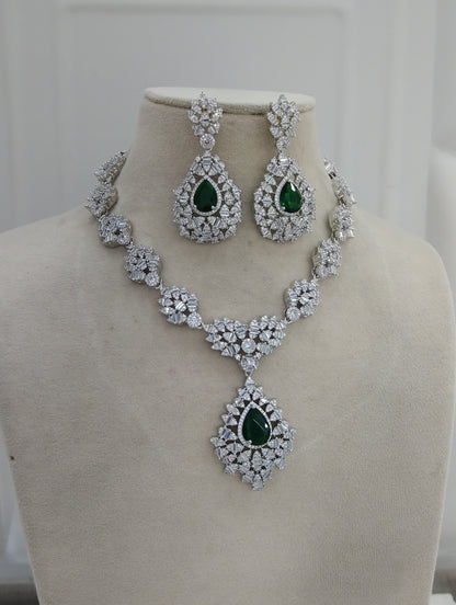 Green  Silver American Diamond  Cz Necklace Jewellery Ritu Set