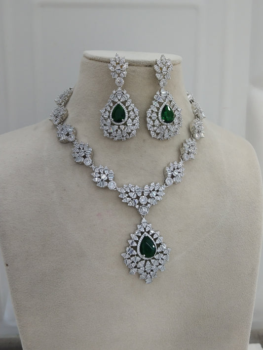 Green  Silver American Diamond  Cz Necklace Jewellery Ritu Set