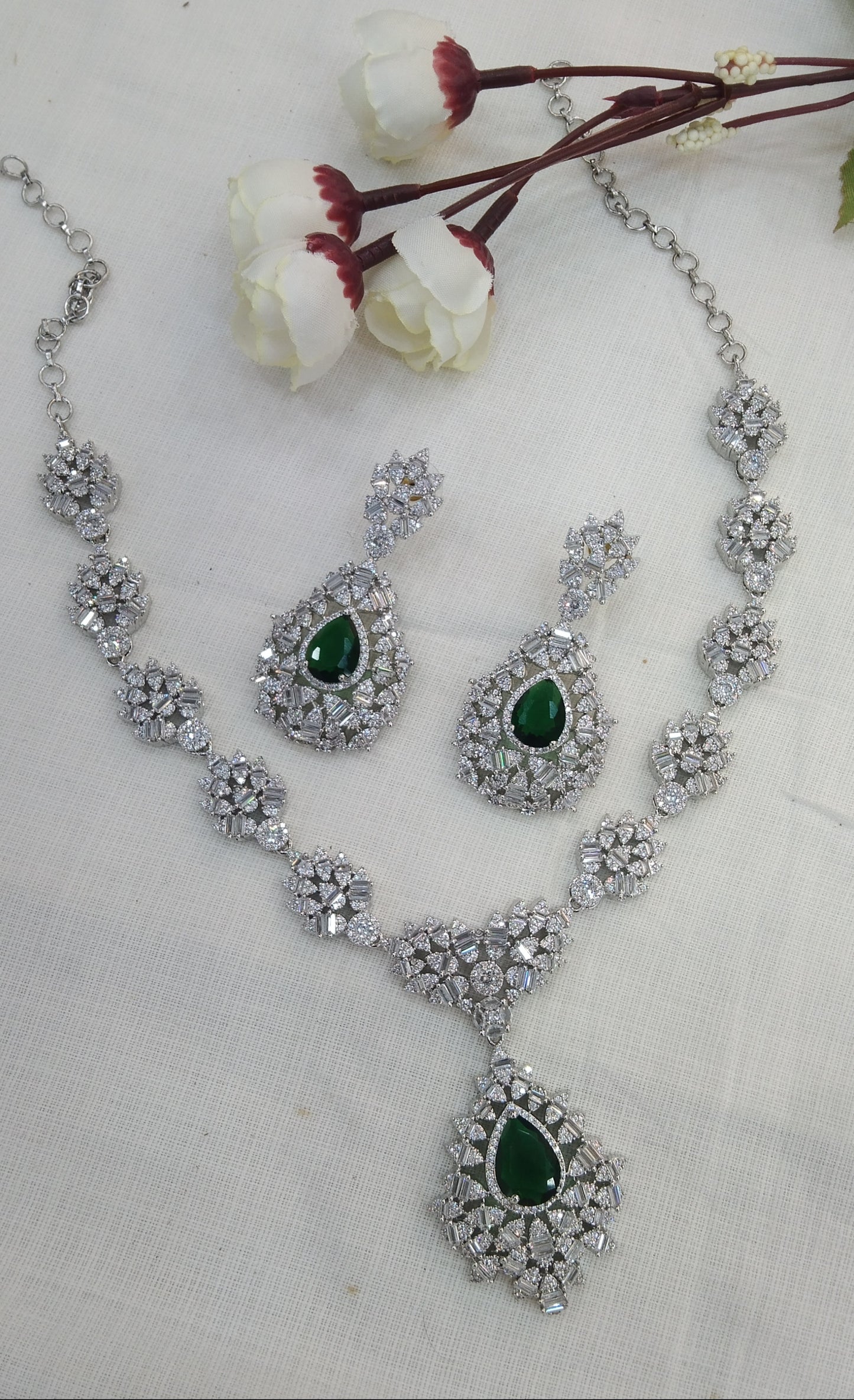 Green  Silver American Diamond  Cz Necklace Jewellery Ritu Set