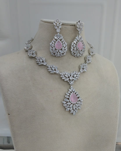 Pink Silver American Diamond  Cz Necklace Jewellery Ritu Set