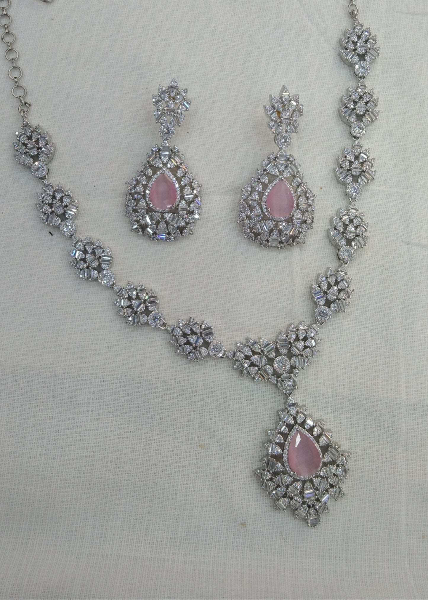 Pink Silver American Diamond  Cz Necklace Jewellery Ritu Set