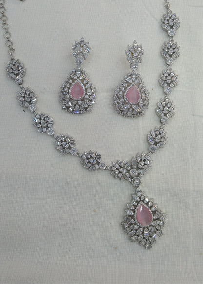 Pink Silver American Diamond  Cz Necklace Jewellery Ritu Set