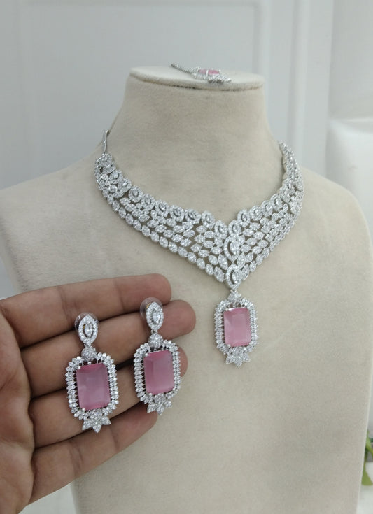 Pink Silver American Diamond  Cz Necklace Jewellery Switi Set