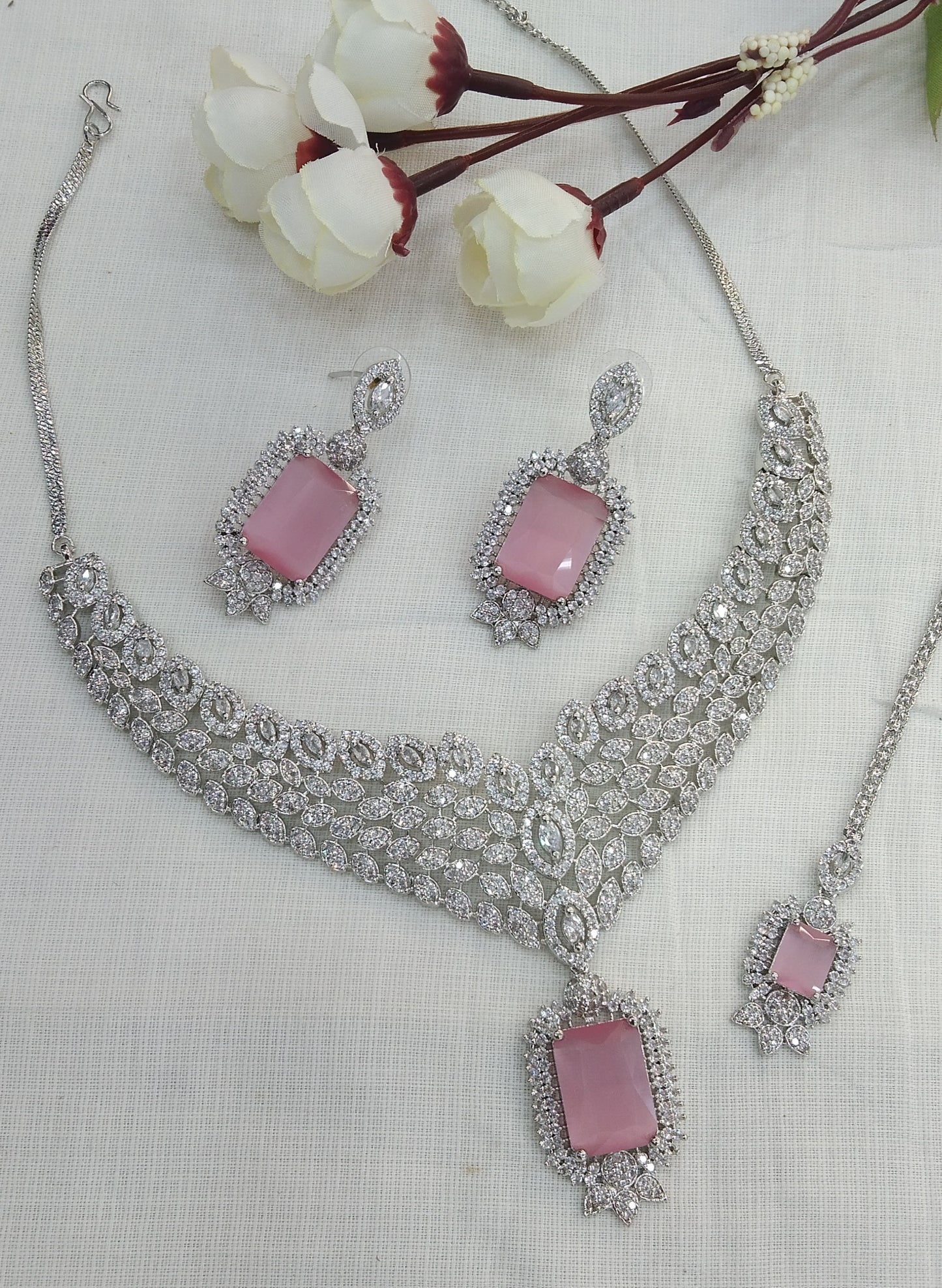 Pink Silver American Diamond  Cz Necklace Jewellery Switi Set
