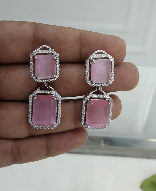 Pink Silver Cz American Diamond Earrings Kiran Jewellery Online