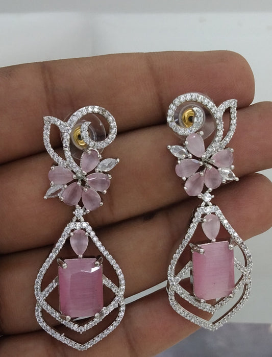 Pink Silver Cz American Diamond Earrings Kiran Jewellery Online