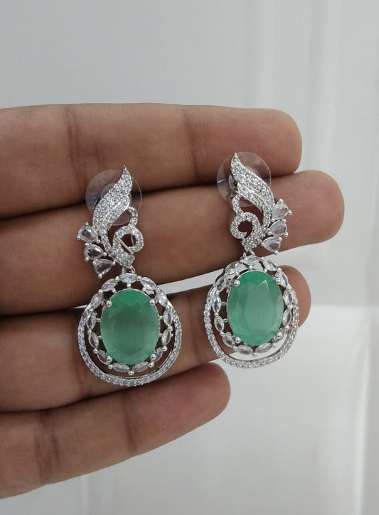Sea Green Silver Cz American Diamond Earrings Kiran Jewellery Online
