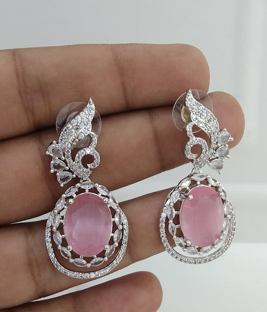 Pink Silver Cz American Diamond Earrings Kiran Jewellery Online