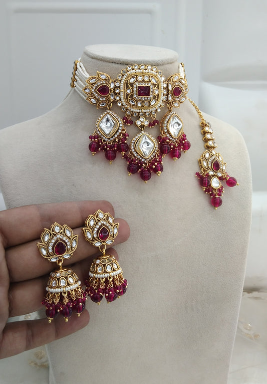 Majenta Kundan Choker Jewellery Hansin Set