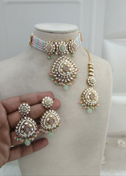 Mint Pink Kundan Choker Jewellery Faham Set