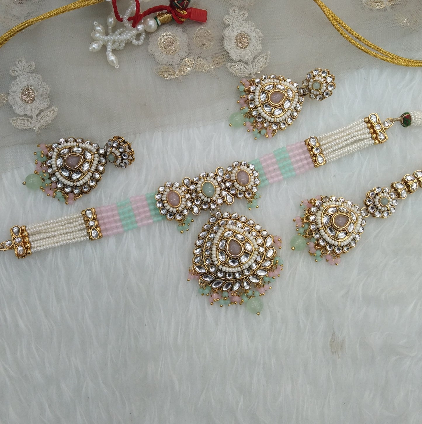 Mint Pink Kundan Choker Jewellery Faham Set