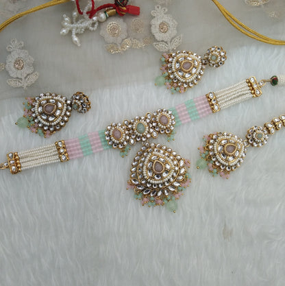 Mint Pink Kundan Choker Jewellery Faham Set