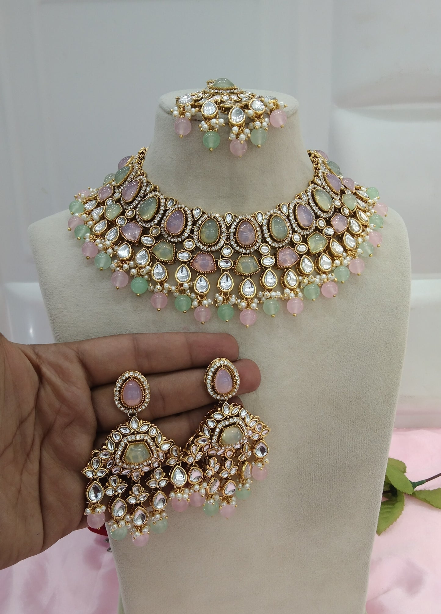 Mint Pink Kundan Necklace Jewellery Jivin Set