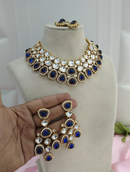 Blue Kundan Necklace Jewellery Earav Set