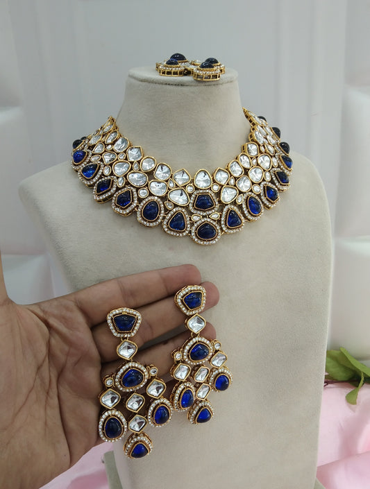 Blue Kundan Necklace Jewellery Earav Set