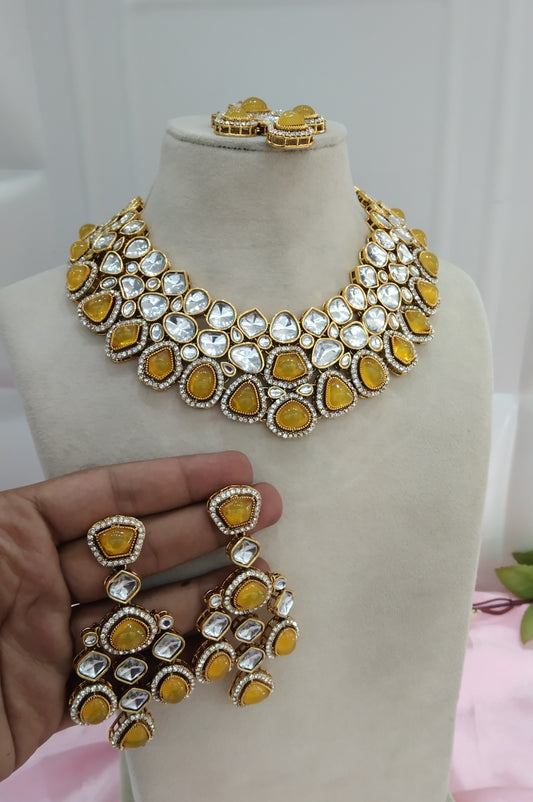 Yellow Kundan Necklace Jewellery Earav Set