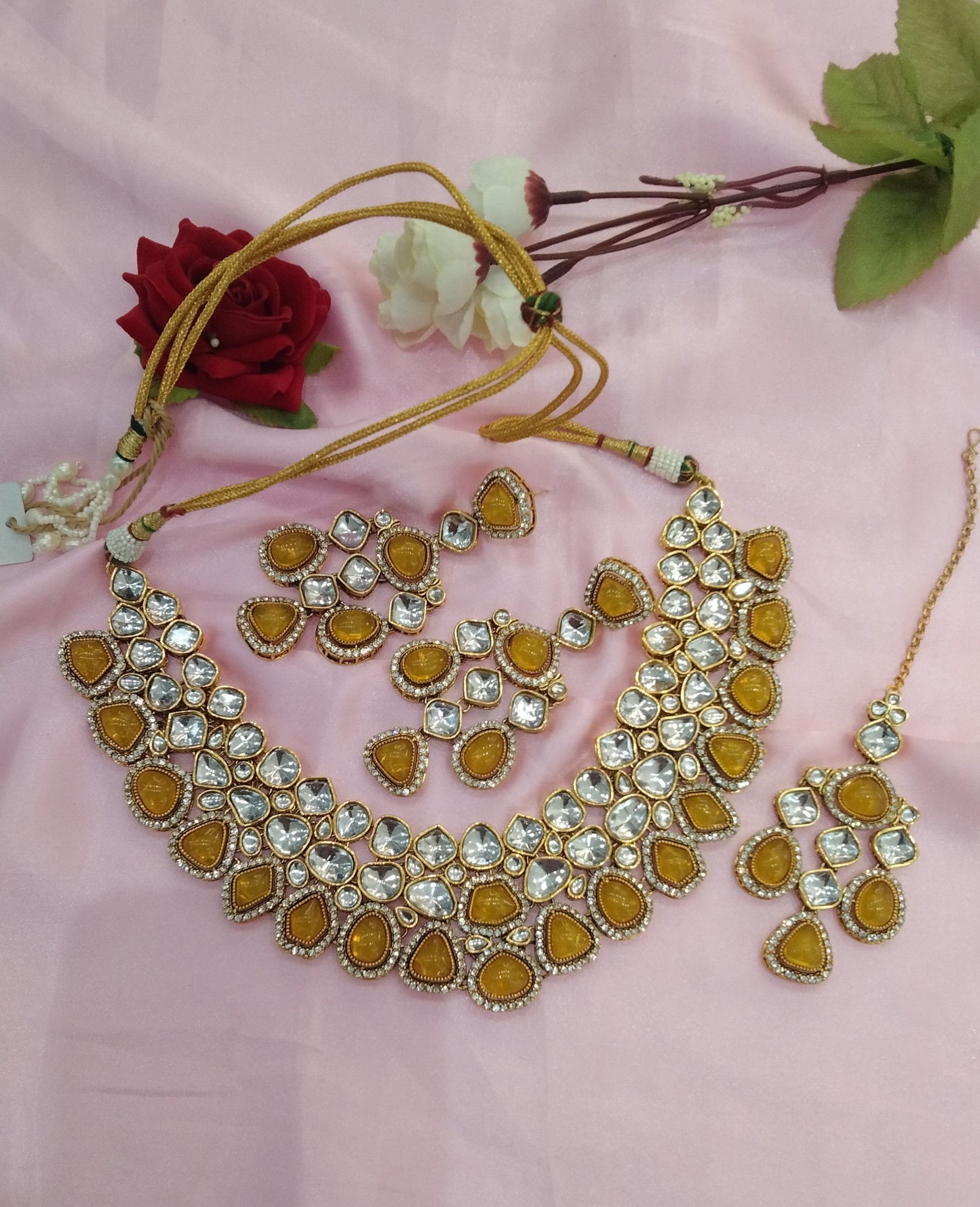 Yellow Kundan Necklace Jewellery Earav Set