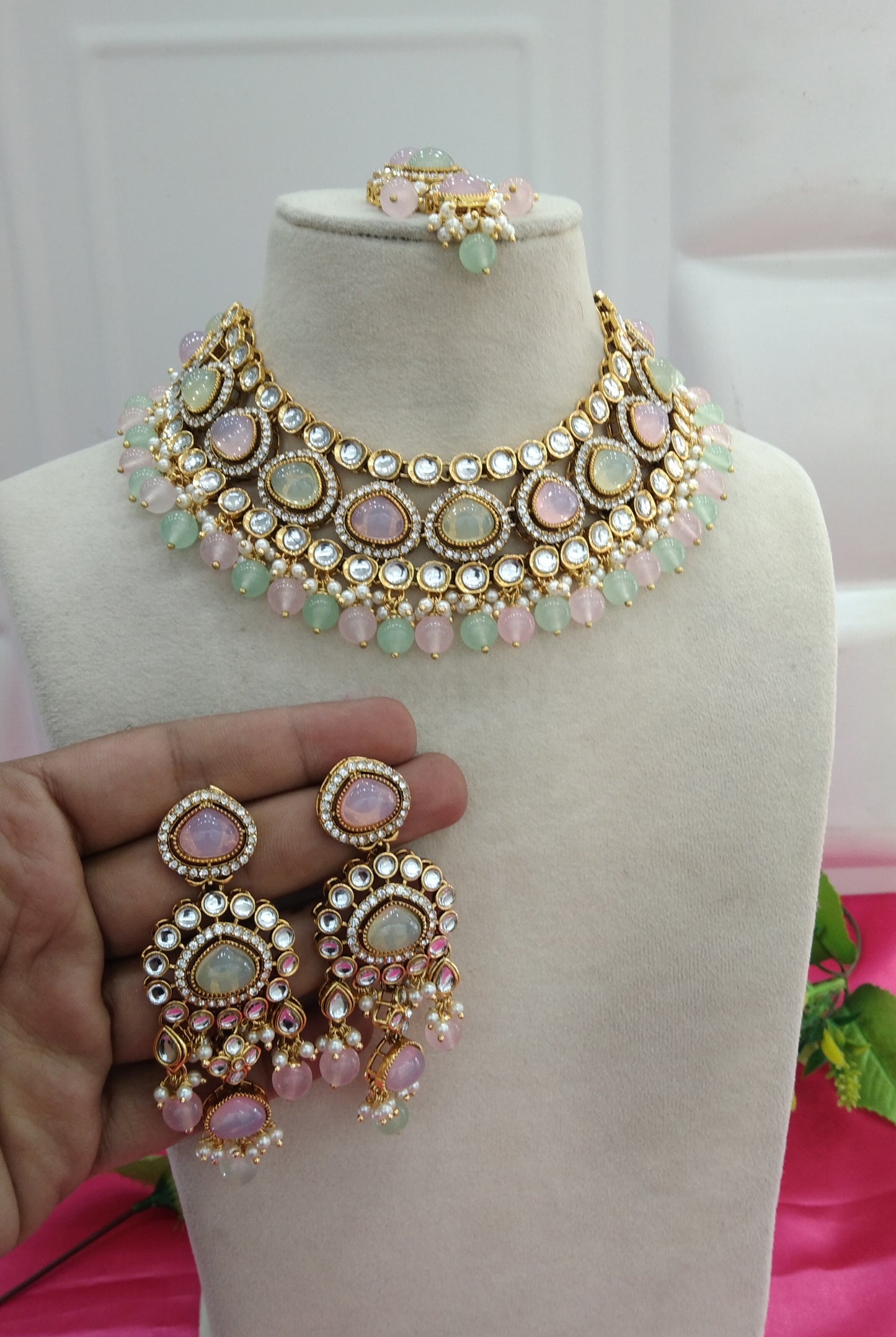 Sea Green Pink Kundan Necklace Jewellery Ehimay Set