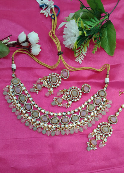 Sea Green Pink Kundan Necklace Jewellery Ehimay Set