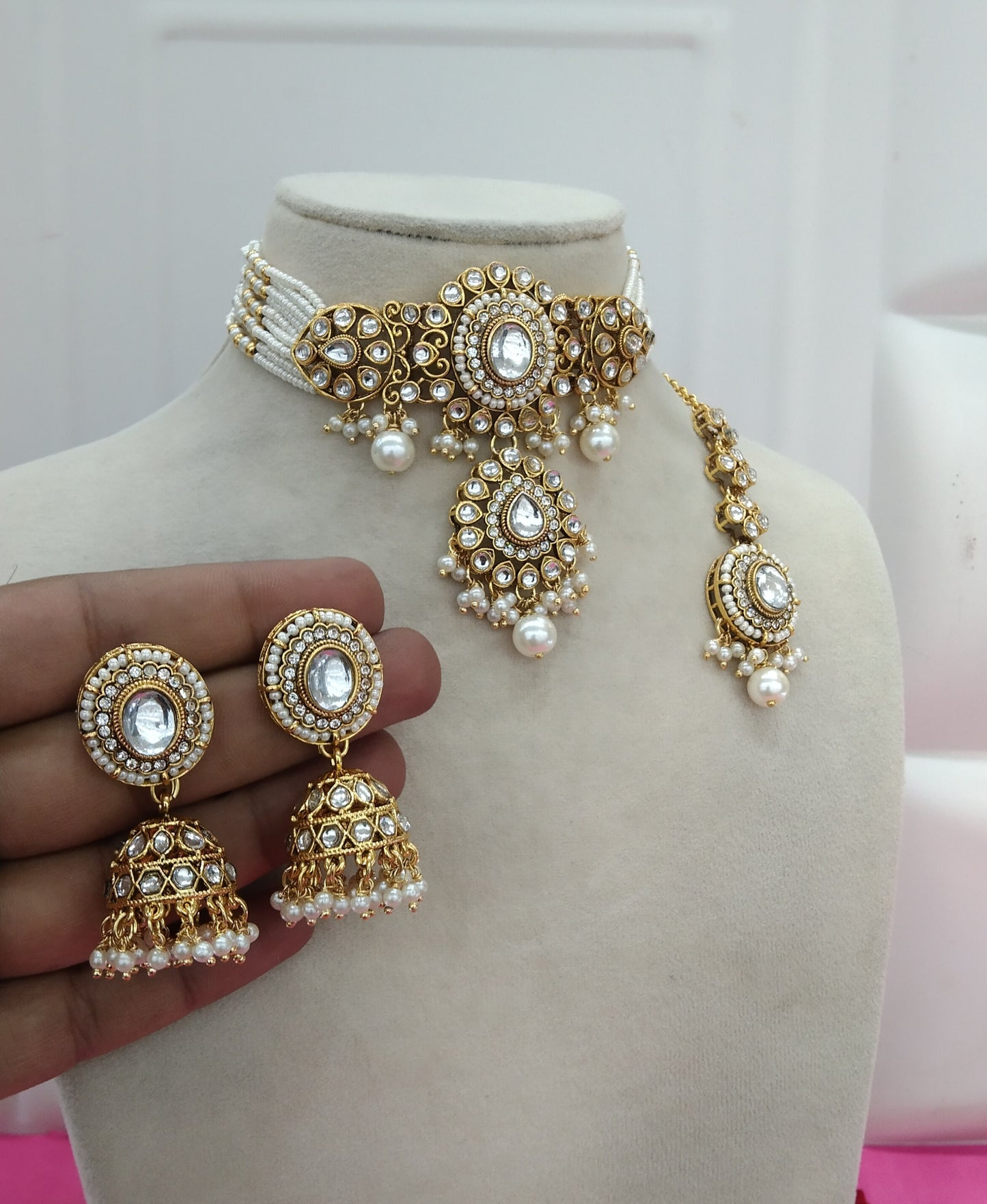White Kundan Choker Jewellery Farhat Set