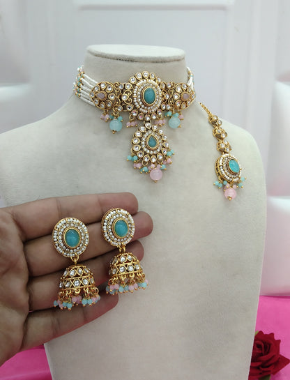 Sea Green Pink Kundan Choker Jewellery Farhat Set