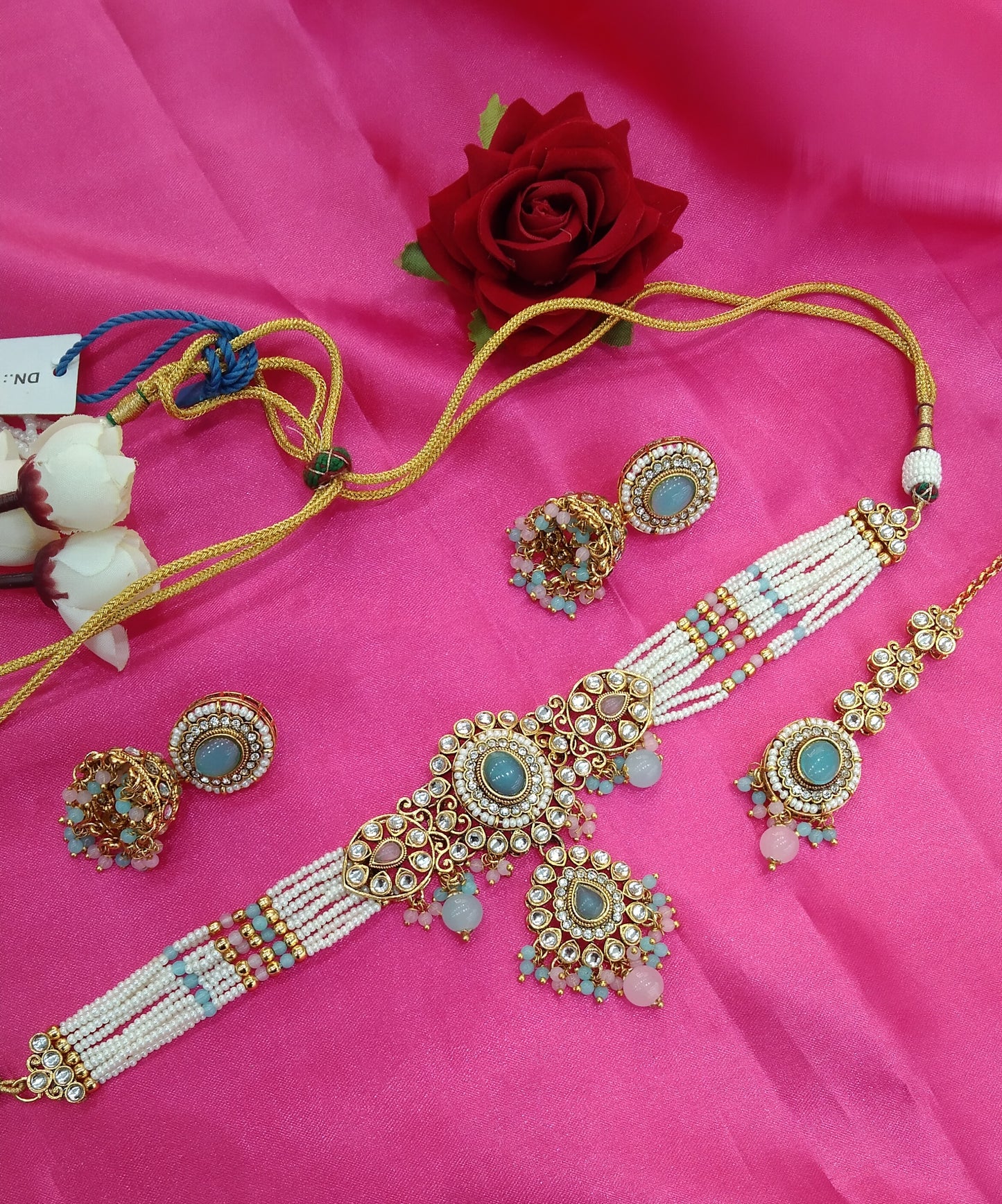 Sea Green Pink Kundan Choker Jewellery Farhat Set