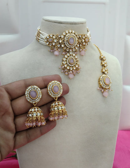 Baby Pink Kundan Choker Jewellery Farhat Set