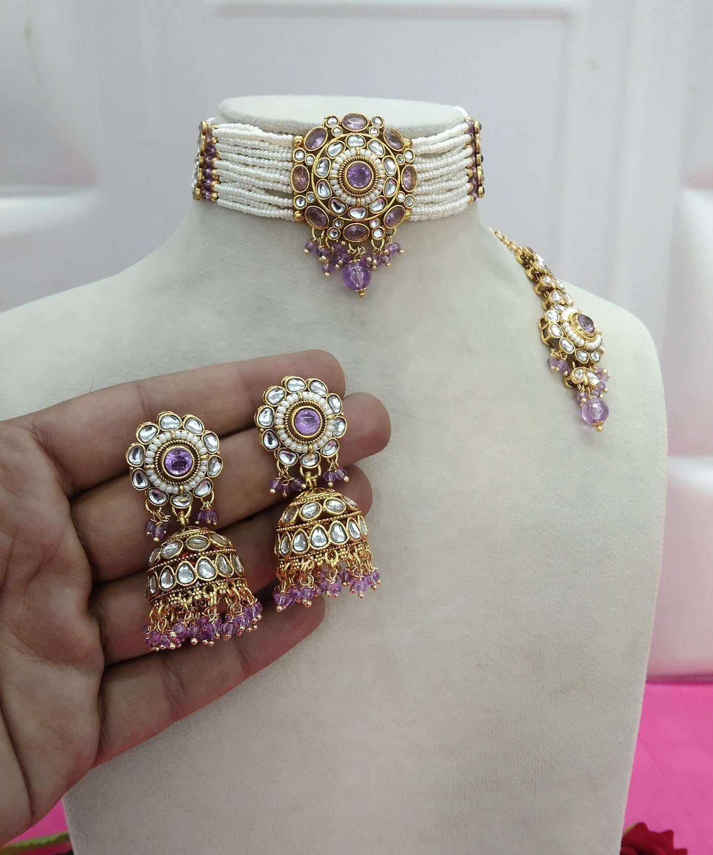 Lavender Kundan Choker Jewellery Faaz Set