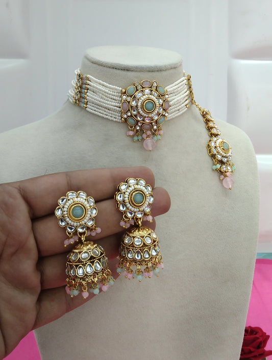 Mint Pink  Kundan Choker Jewellery Faaz Set