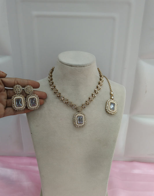 Gold  White Necklace Jewellery Rishi Set
