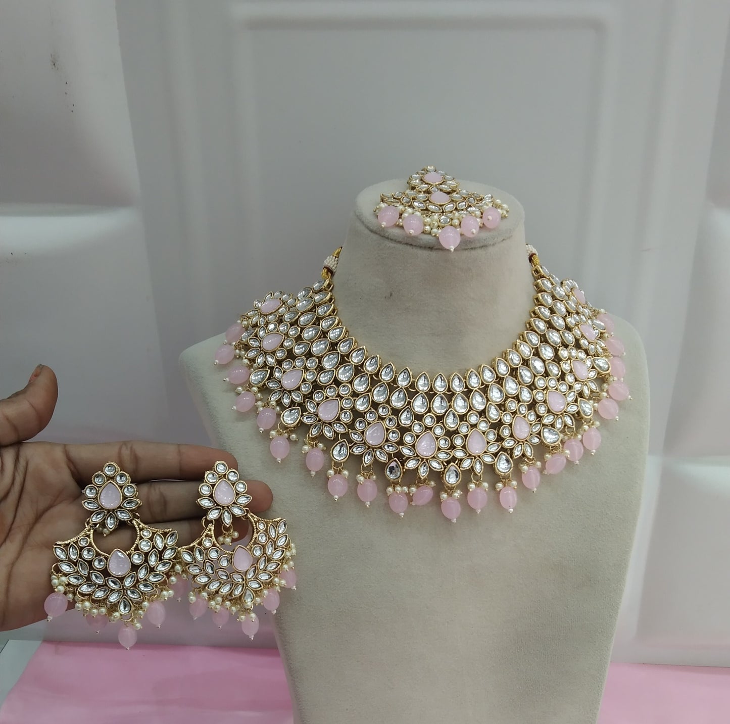 Pink Kundan Necklace Jewellery Heli Set