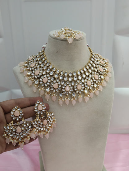 Peach Kundan Necklace Jewellery Heli Set