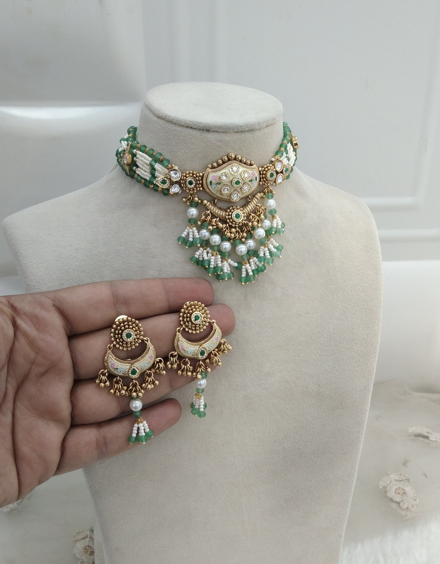 Sage Green polki Kundan Choker Jewellery jasika Set