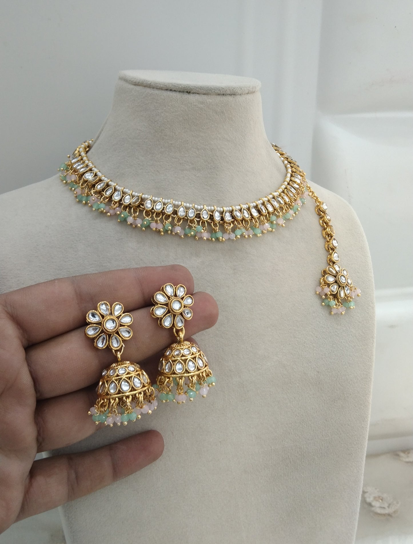 Mint pink Kundan Necklace Jewellery Komal Set