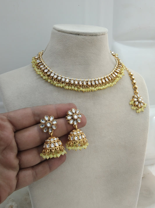 Yellow Kundan Necklace Jewellery Kavini Set