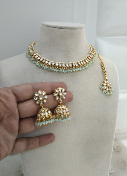 Sky Blue Kundan Necklace Jewellery Kavini Set