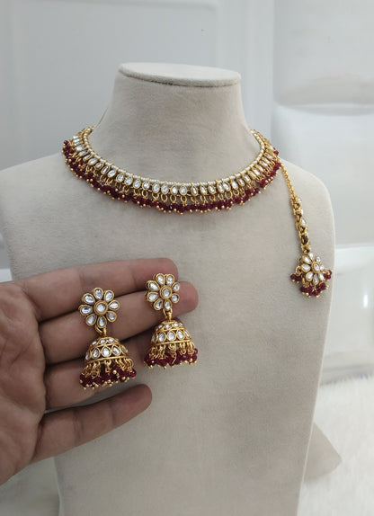 Maroon Kundan Necklace Jewellery Kavini Set