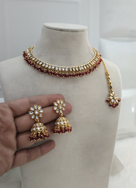 Maroon Kundan Necklace Jewellery Kavini Set