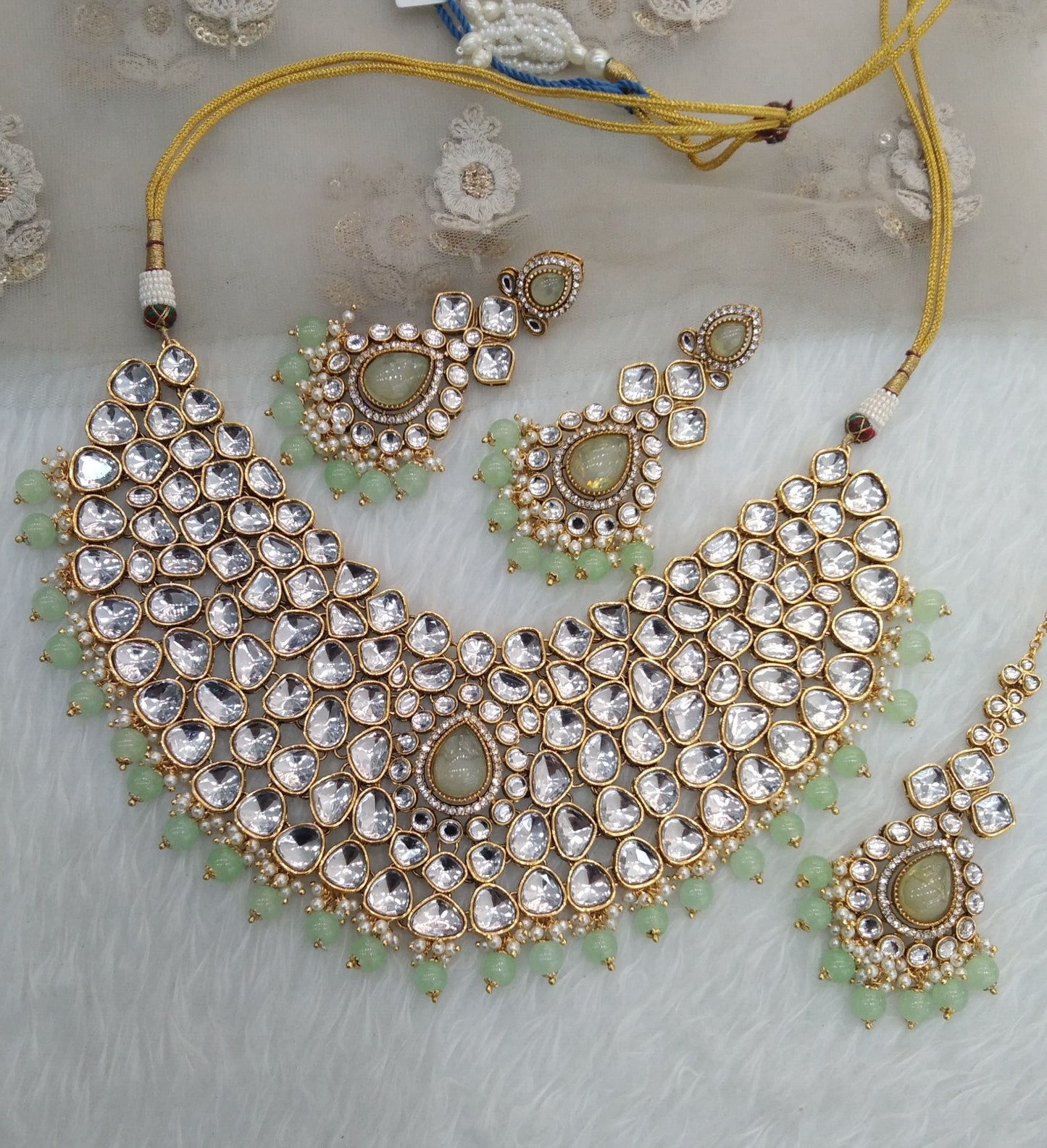 Pastel Green Kundan Necklace Jewellery Kaher Set