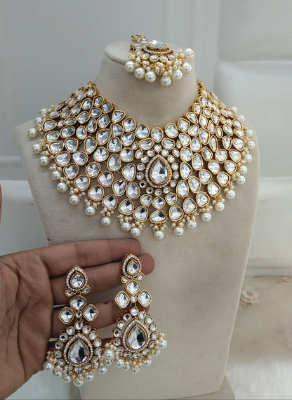 Gold White Kundan Necklace Jewellery Kaher Set