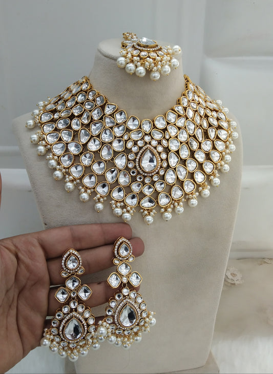Gold White Kundan Necklace Jewellery Kaher Set