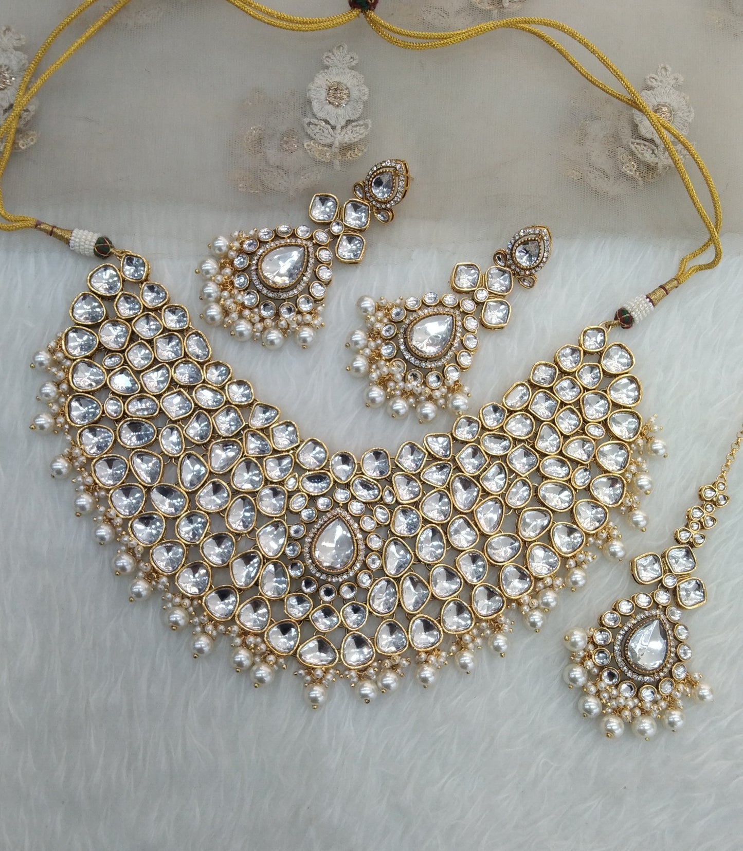 Gold White Kundan Necklace Jewellery Kaher Set