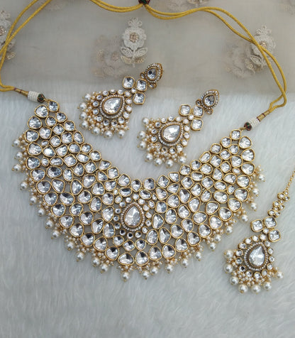 Gold White Kundan Necklace Jewellery Kaher Set
