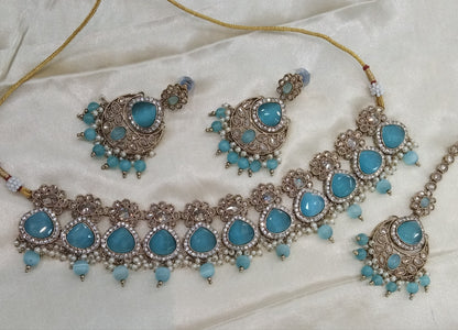 Sky Blue Choker Monalisa Stone Jewellery Muskan Kundan Set