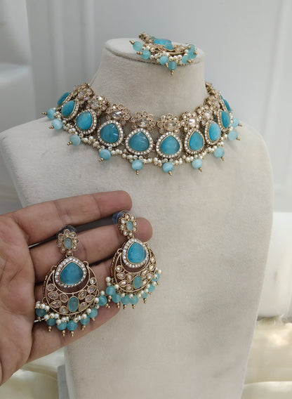 Sky Blue Choker Monalisa Stone Jewellery Muskan Kundan Set