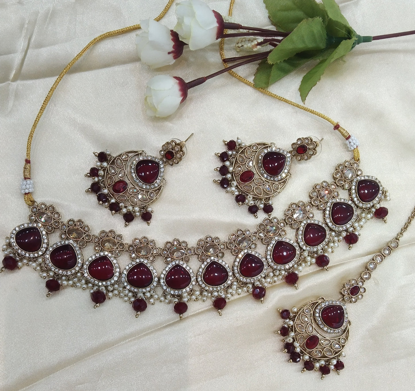 Maroon Choker Monalisa Stone Jewellery Muskan Kundan Set